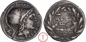 Lutatia, Quintus Lutatius Cerco, Denier, 109-108 avant J.-C., Av. ROMA CERCO, Tête casquée de Rome à droite, le casque décoré de deux astres et d'un é...