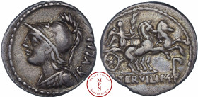 Servilia, Publius Servilius Rullus, Denier, 100 avant J.-C., Av. RVLLI, Buste de Minerve à gauche, casqué d'un casque à cimier et cuirassé de l’Égide,...