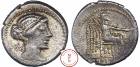 Porcia, Marcus Porcius Cato, Denier, 89 avant J.-C., Av. ROMA (MA en monogramme), Tête de femme à droite, les cheveux coiffés en chignon, Rv. VICTRIX ...