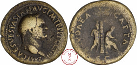 Vespasien (69-79), Sesterce, 71, Rome, Av. IMP CAES VESPASIANVS AVG P M TRP P P COS III, Tête laurée à droite, Rv. IVDAEA CAPTA, Juif barbu à gauche, ...