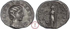 Julia Mamaea (235), Denier, 222, Rome, Av. IVLIA MAMAEA AVG, Buste voilé à droite, Rv. IVNO CONSERVATRIX, Junon debout à gauche, tenant un sceptre et ...