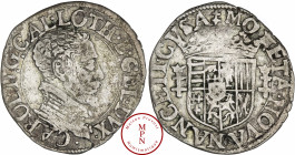 Duché de Lorraine, Charles III (1545-1608), Quart de teston au col plat, buste vieilli, Nancy, Av. . CAROL . D : G : CAL . LOTH . B : GEL . DVX., Demi...