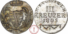 Duché de Saxe-Cobourg-Saalfeld, François Anton, 3 Kreuzer, 1805, L, Av. Écu couronné dans une couronne de palme et d'olivier, Rv. H. S. COBURG. L. M.,...