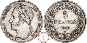 Léopold Ier (1831-1865), 5 Francs, 1849, Bruxelles, Av. LEOPOLD PREMIER ROI DES BELGES, Tête laurée à gauche, Rv. 5 FRANCS 1849 dans une couronne, 3.0...