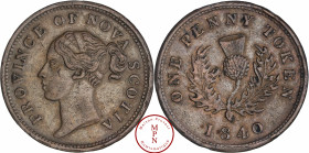 Nova Scotia, Victoria (1837-1901), Penny, Token, "Thistle", Coin alignment 1840 Av. PROVINCE OF NOVA SCOTIA, Tête de la Reine Victoria à gauche, Rv. O...