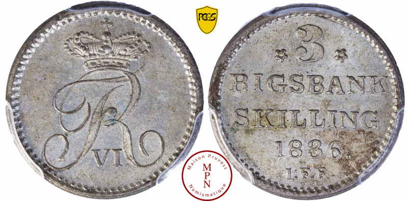 Frederick VI (1808-1839), 3 Rigsbank Skilling, 1836 IFF, Av. Chiffre couronné de...