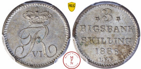 Frederick VI (1808-1839), 3 Rigsbank Skilling, 1836 IFF, Av. Chiffre couronné de Frederick VI, Rv. * 3 * RIGSBANK SKILlING 1836, Argent, SPL+, PCGS MS...