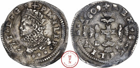 Philippe III, Roi d'Espagne, de Sicile et de Naples (1598-1621), Messine, 3 Tari, 1609, Messine, Av. + PHILIP * °°° * III * D * G *, Buste couronné, f...