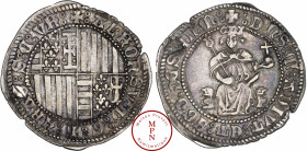 Alphonse Ier d'Aragon (1442-1458), Naples, Carlino, Naples, Av. + : ALFONSV : D : G : R : ARAG : S : C : VF :, Armes écartelées, Rv. + : DNS : M : ADI...