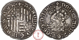 Alphonse Ier d'Aragon (1442-1458), Naples, Carlino, Naples, Av. + : ALFONSV : D : G : R : AR : S : C : V : H :, Armes écartelées, Rv. + : DNS : M : AD...