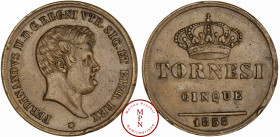 Ferdinand II 1830-1859), Royaume des Deux-Siciles, 5 Tornesi, 1858, Naples, Av. FERDINANDVS II. D. G.REGNI VTR. SIC. ET HIER. REX, Tête nue à droite, ...
