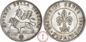 Leopold II (1824-1859), Toscane, Fiorino, 1859, Florence, Av. GOVERNO DELLA TOSCANA, Lion à gauche tenant un drapeau, Rv. QUATTRINI CENTO * FIORINO 18...