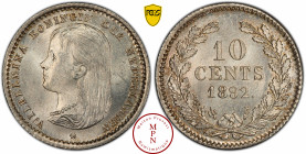 Wilhelmine (1890-1948), 10 Cents, 1892 Av. WILHELMINA KONINGIN DER NEDERLANDEN *, Buste à gauche, Rv. Dans une couronne : 10 CENTS 1892, 2.000.000 ex....