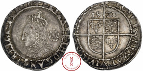 Elisabeth I (1558-1603), 6 Pence, 1578, Londres, Av. ELIZABETH. D G. ANG. FR. ET HIB.REGINA., Buste couronné et fraisé à gauche, dans le champ une ros...