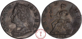 George II (1727-1760), Halfpenny, 1742 Av. GEORGIUS II . REX, Buste lauré et cuirassé à gauche, Rv. BRITANNIA, Britannia assise à gauche sur un boucli...