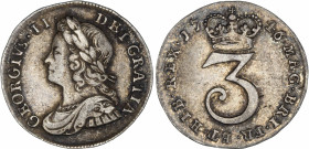 George II (1727-1760), 3 Pence (Maundy), 1746/3, Londres, Av. GEORGIVS. II DEI. GRA., Buste lauré, drapé et cuirassé à gauche, Rv. MAG. BRI. FR. ET. H...