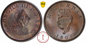 George III (1760-1820), Ireland, Half Penny, 1805 Av. GEORGIUS III . D : G . REX, Buste lauré, drapé et cuirassé à droite, Rv. HIBERNIA, Lyre couronné...