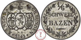 Canton des Grisons (Graubünden), 1/6 Batzen, 1842 Av. KANTON GR BUNDEN, Rv. 1/6 SCHWEIZ BAZEN, dans une couronne, Argent, SPL/FDC, 0.74 g, 15 mm, KM 1...
