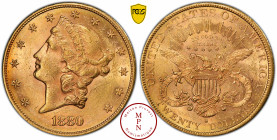 20 Dollars, Liberty Head, 1880, S, San Francisco, Av. Tête de la Liberté à gauche, portant un diadème sur lequel est inscrit : LIBERTY, Rv. UNITED STA...