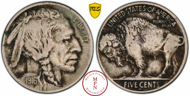 5 Cents, 5C, Buffalo Nickel, Fautée, 1916-D, Denver, Av. LIBERTY, Tête d'indien à droite, Rv. UNITED. STATES. OF. AMERICA / E PLURIBUS UNUM, / FIVE CE...