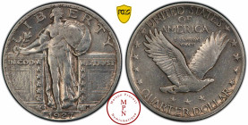 25 Cents, 25C, Liberty Quarter, 1927-D, Denver, Av. LIBERTY / IN GOD WE TRUST / 1927, La Liberté de face tenant un bouclier et une branche d'olivier, ...