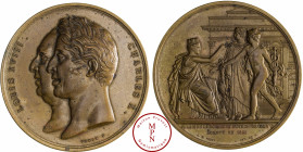 Charles X (1824-1830), Palais de la Bourse, Médaille, par Petot F., Av. LOUIS XVIII CHARLES X, Têtes accolées à gauche, Rv. PALAIS DE LA BOURSE ET DU ...