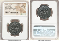SPAIN. Celsa. Ca. 143-100 BC. AE (29mm, 18.14 gm, 6h). NGC AU 5/5 - 3/5. Bare headed, draped male bust right, hair in waves and locks; three dolphins ...