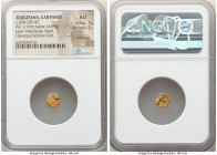 ZEUGITANA. Carthage. Ca. 350-290 BC. AV 1/10 stater (8mm, 0.69 gm, 1h). NGC AU 3/5 - 2/5, scratches. Palm tree with two date-clusters / Horse head rig...