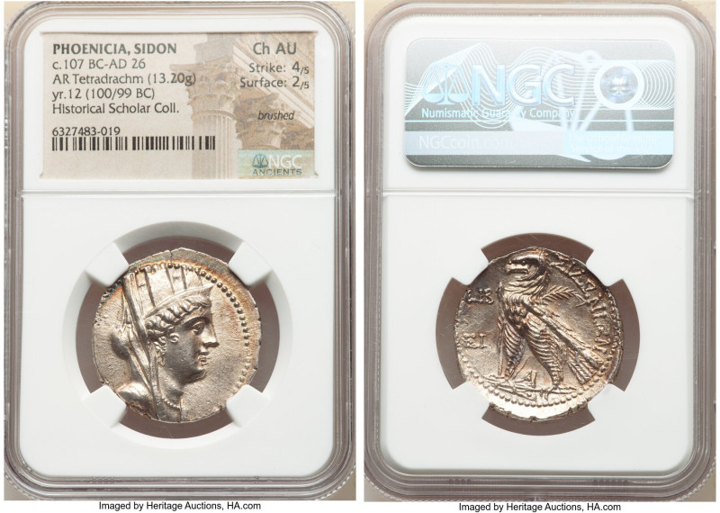 PHOENICIA. Sidon. Ca. 107 BC-AD 26. AR tetradrachm (29mm, 13.20 gm, 12h). NGC Ch...