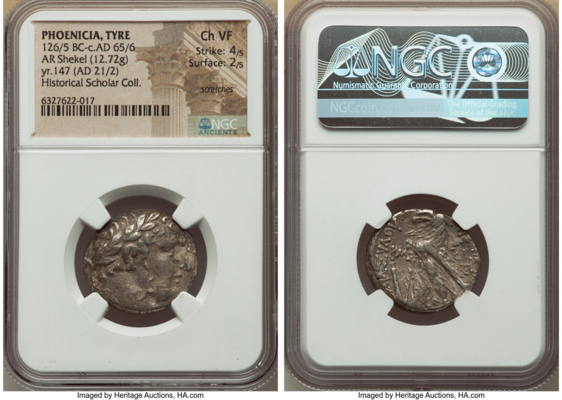 PHOENICIA. Tyre. Ca. 126/5 BC-AD 65/6. AR shekel (24mm, 12.72 gm, 12h). NGC Choi...