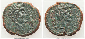 MACEDON. Thessalonica. Augustus and Divus Julius Caesar. AE (22mm, 7.58 gm, 11h). Choice Fine, tooled. ΘΕΟΣ, laureate head of Julius Caesar right / ΘΕ...