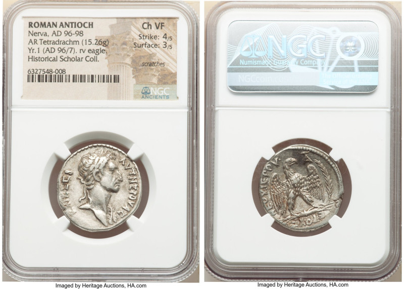 SYRIA. Antioch. Nerva (AD 96-98). AR tetradrachm (26mm, 15.26 gm, 11h). NGC Choi...