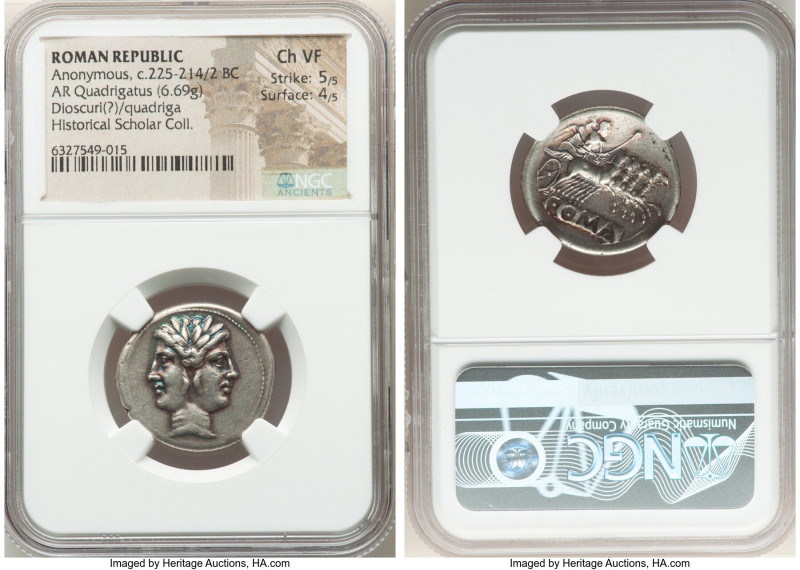 Anonymous. Ca. 225-214/2 BC. AR didrachm or quadrigatus (24mm, 6.69 gm, 7h). NGC...