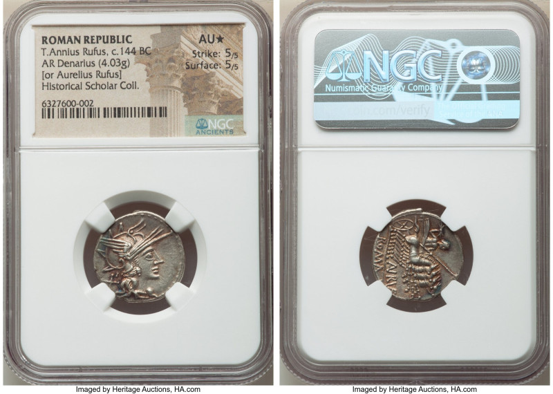 T. Annius Rufus (ca. 144 BC). AR denarius (20mm, 4.03 gm, 3h). NGC AU S 5/5 - 5/...