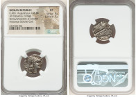 C. Minucius Augurinus (ca. 135 BC). AR denarius (19mm, 3.94 gm, 8h). NGC XF 5/5 - 5/5. Rome. Head of Roma right, wearing winged helmet decorated with ...