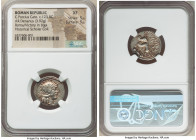 C. Porcius Cato (ca. 123 BC). AR denarius (19mm, 3.92 gm, 3h). NGC XF 5/5 - 5/5. Rome. Head of Roma right, wearing winged helmet decorated with griffi...