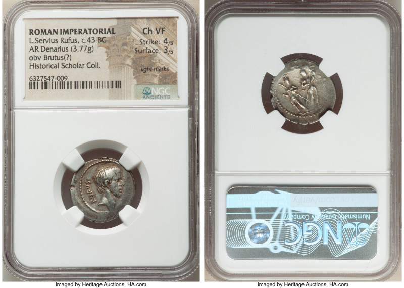 L. Servius Rufus (ca. 43 BC). AR denarius (20mm, 3.77 gm, 5h). NGC Choice VF 4/5...