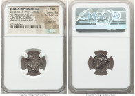 Cleopatra VII Philopator and Marc Antony, as Rulers of the East (37-30 BC). AR denarius (17mm, 3.87 gm, 1h). NGC Choice XF 2/5 - 2/5, flan flaw, graff...
