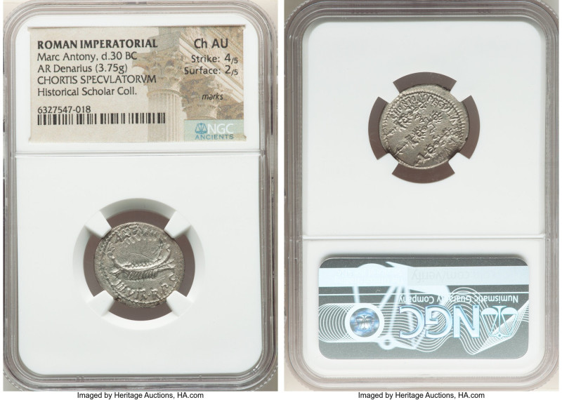 Marc Antony, as Imperator and Triumvir (43-30 BC). AR denarius (19mm, 3.75 gm, 7...