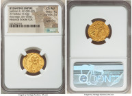 Justinian II, First Reign (AD 685-695). AV solidus (20mm, 4.42 gm, 7h). NGC Choice AU 4/5 - 3/5, light marks. Constantinople, 2nd officina, AD 692-695...