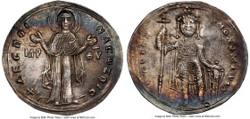 Constantine IX Monomachus (AD 1042-1055). AR miliaresion (28mm, 2.41 gm, 5h). NGC Choice AU S 5/5 - 4/5. Constantinople. + ΔECΠOI-NA CΩZOIC, the Virgi...