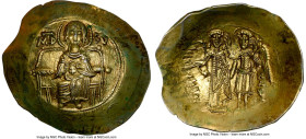 Isaac II Angelus (AD 1185-1195). EL aspron trachy (31mm, 4.32 gm, 5h). NGC Choice AU 4/5 - 3/5. Constantinople. Virgin, nimbate, enthroned facing, hol...