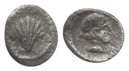 Kalabrien. Tarent.

 1/20 Stater (Silber). Ca. 470 - 450 v. Chr.
Vs: Muschel.
Rs: Weiblicher Kopf rechts.

19 mm. 0,34 g. 

HN Italy 840; HGC ...