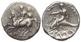 Kalabrien. Tarent.

 Didrachme oder Nomos (Silber). Ca. 281 - 272 v. Chr.
Vs: Krieger zu Pferde mit Schild nach links reitend; im Feld rechts EY, u...