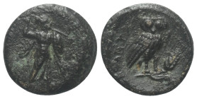 Lukanien. Metapont.

 Bronze. Ca. 250 - 207 v. Chr.
Vs: Athena Promachos mit Speer und Schild nach rechts stehend.
Rs: META. Eule auf Kornähre nac...