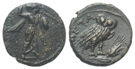 Lukanien. Metapont.

 Bronze. Ca. 250 - 207 v. Chr.
Vs: Athena Promachos mit Speer und Schild nach rechts stehend.
Rs: META. Eule auf Kornähre nac...