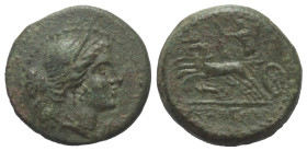 Bruttium. Brettii.

 Bronze. Ca. 211 - 208 v. Chr.
Vs: Kopf der Nike rechts.
Rs: Zeus in Biga im Galopp nach links fahrend, zwischen den Beinen Be...