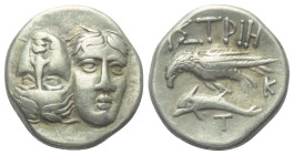 Moesia Inferior. Istros.

 Drachme (Silber). Ca. 340 - 313 v. Chr.
Vs: Zwei jugendliche, männliche Köpfe nebeneinander en face, der linke umgekehrt...
