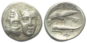 Moesia Inferior. Istros.

 Drachme (Silber). Ca. 340 - 313 v. Chr.
Vs: Zwei jugendliche, männliche Köpfe nebeneinander en face, der linke umgekehrt...