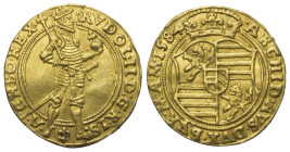 Habsburger bis 1806. Rudolf II. (1576 - 1612).

 Dukat (Gold). 1584. Prag.
Vs: Geharnischter, mit Schwert gegürteter Regent steht halbrechts, in de...